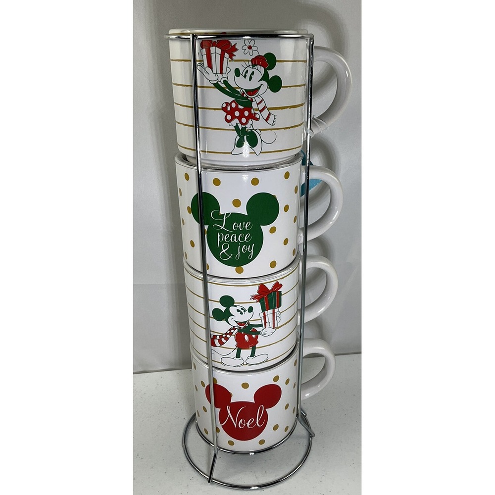 Disney Mickey Minnie Mouse Christmas Stacking Mug Set 4 Piece with Metal Rack